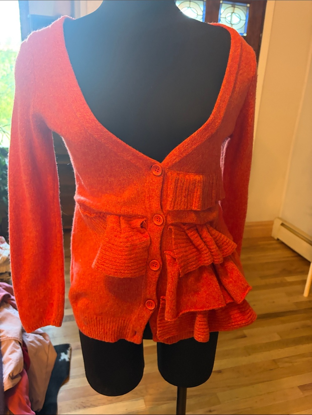 Moth Bright Orange Ruffle Button-Front Cardigan